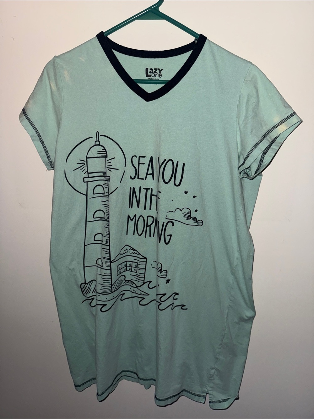 Lazy One Mint Short Sleeve V-Neck Sleep Top with Black Lighthouse Graphic